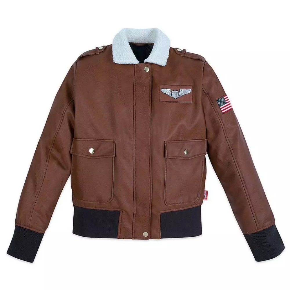 DISNEY STORE Captain Marvel Brown Faux Leather Bomber‎ Jacket Patch Small Unisex